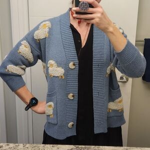 Cute Lamb Sheep 3D Knit Blue Cardigan Fits Large